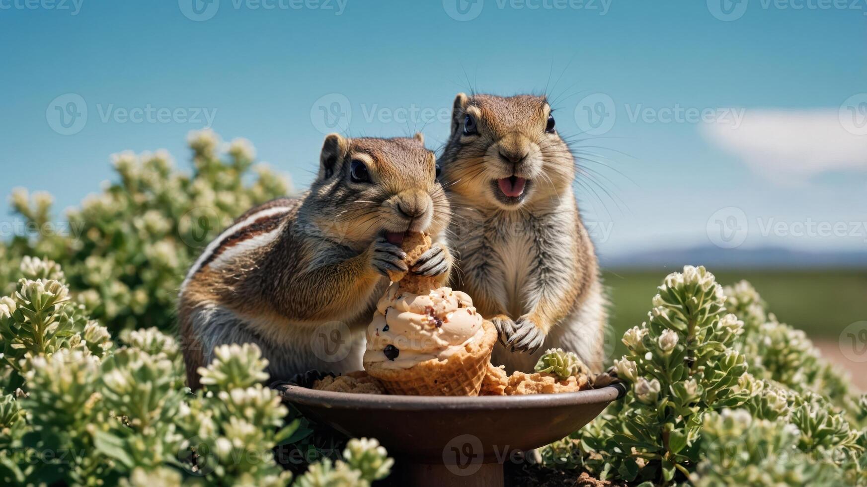 Two squirrels enjoying ice cream in a sunny outdoor setting. photo