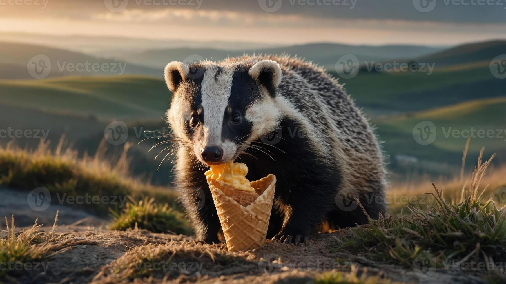 A badger enjoying an ice cream cone in a scenic landscape during sunset. photo