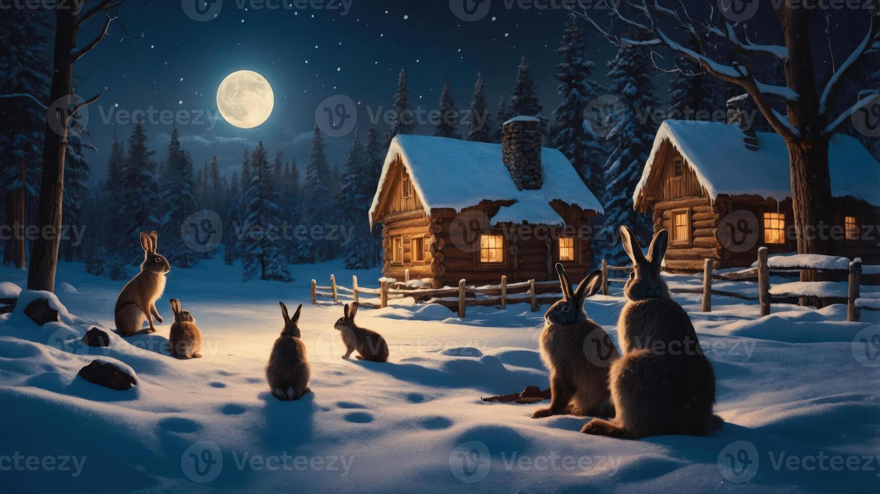 A serene winter night scene with rabbits near cozy log cabins under a full moon. photo