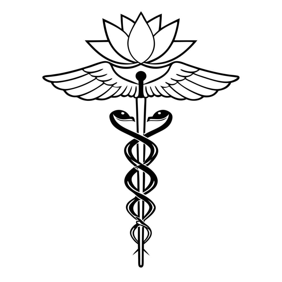 Caduceus Wings Snakes And Lotus Outline Illustration vector