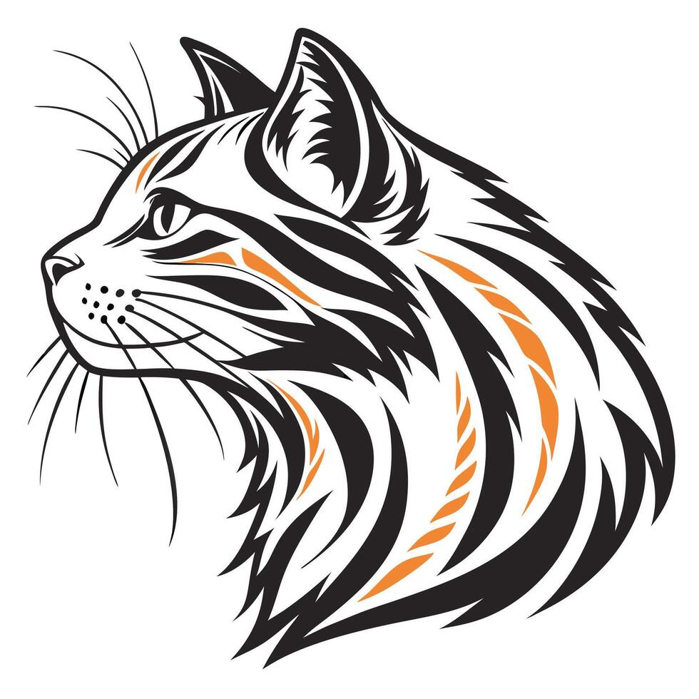 Striking Cat Illustration Black Orange Stripes Profile View vector