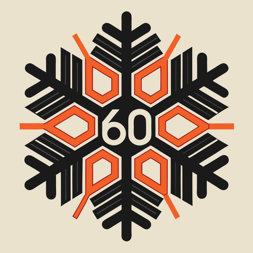 Sixtieth Anniversary Snowflake Logo Design In Black And Orange vector