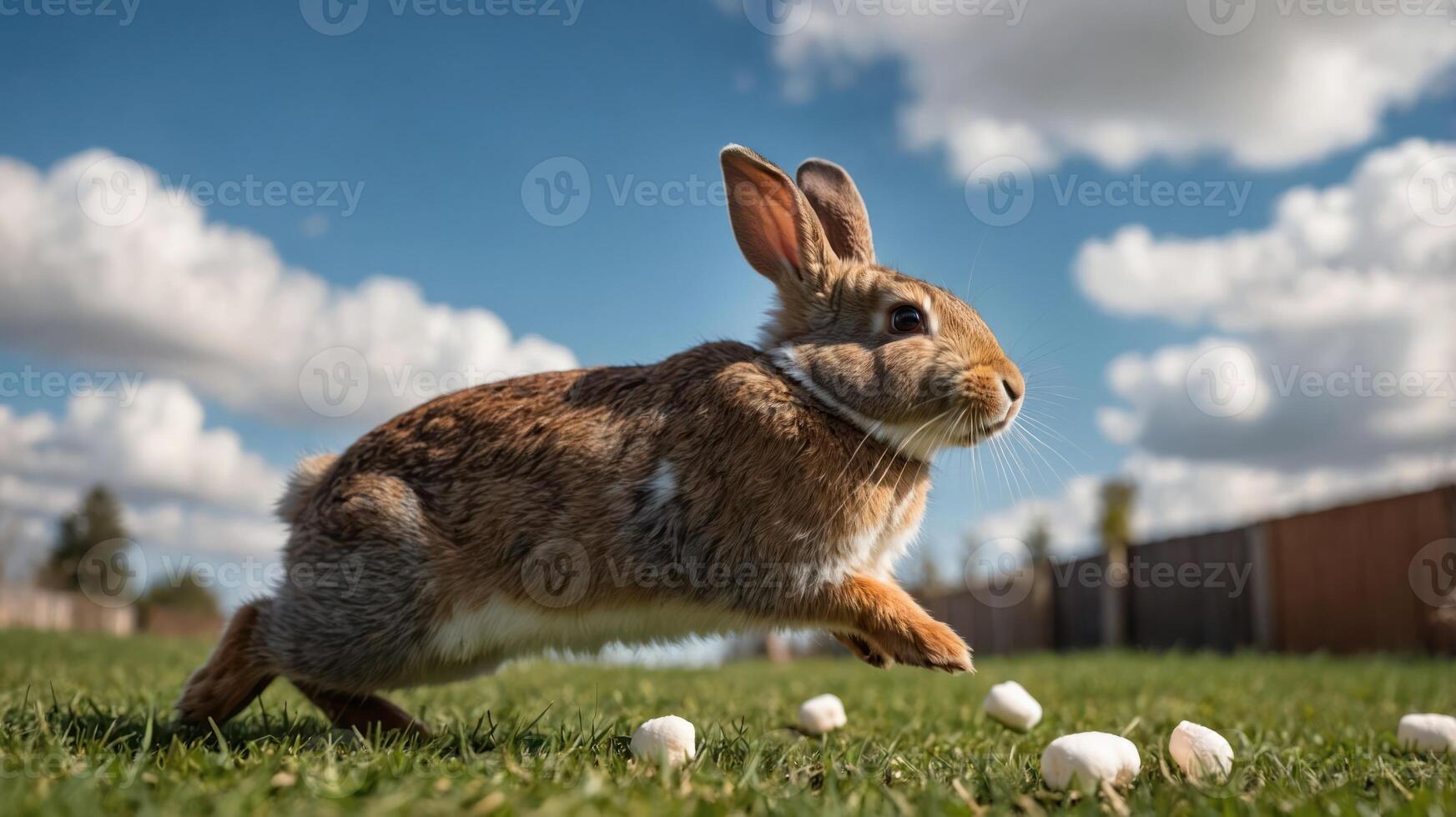 A rabbit leaps across a grassy field under a blue sky with fluffy clouds. photo
