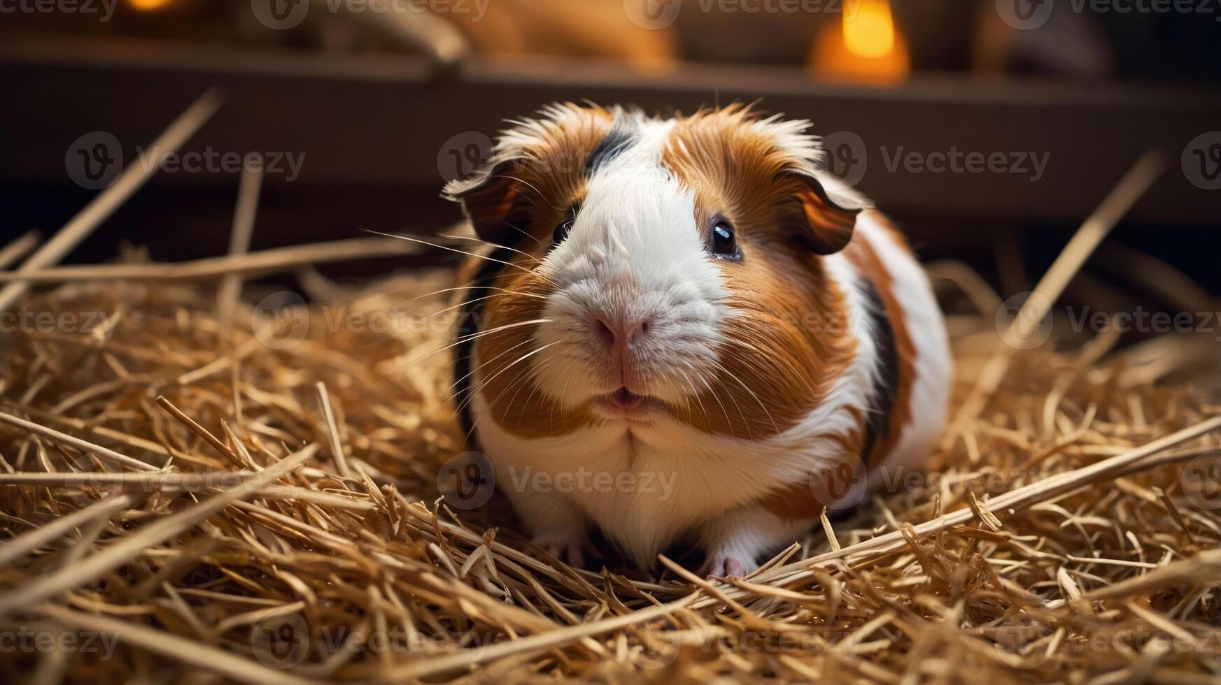 A cute guinea pig resting on straw, showcasing its fluffy fur and curious expression. photo