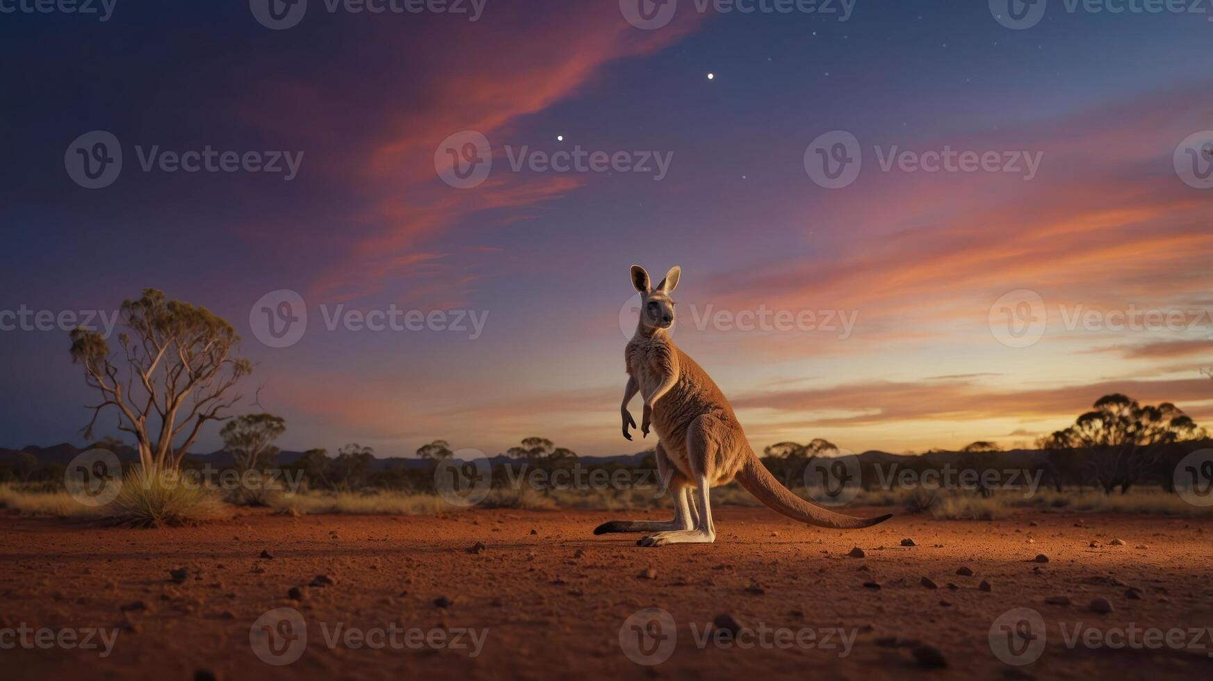 A kangaroo stands in a vibrant sunset landscape, highlighting nature's beauty. photo