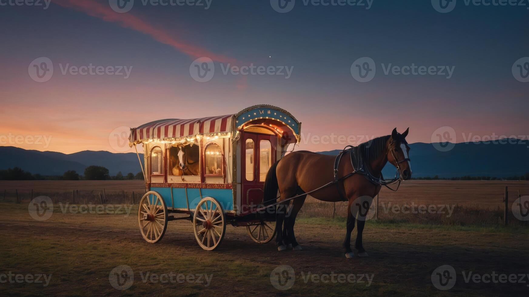 A horse-drawn carriage illuminated at dusk, set against a scenic landscape. photo