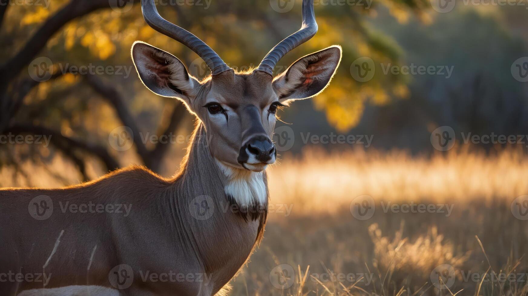 A close-up of an antelope in a sunlit grassland, showcasing its majestic features. photo