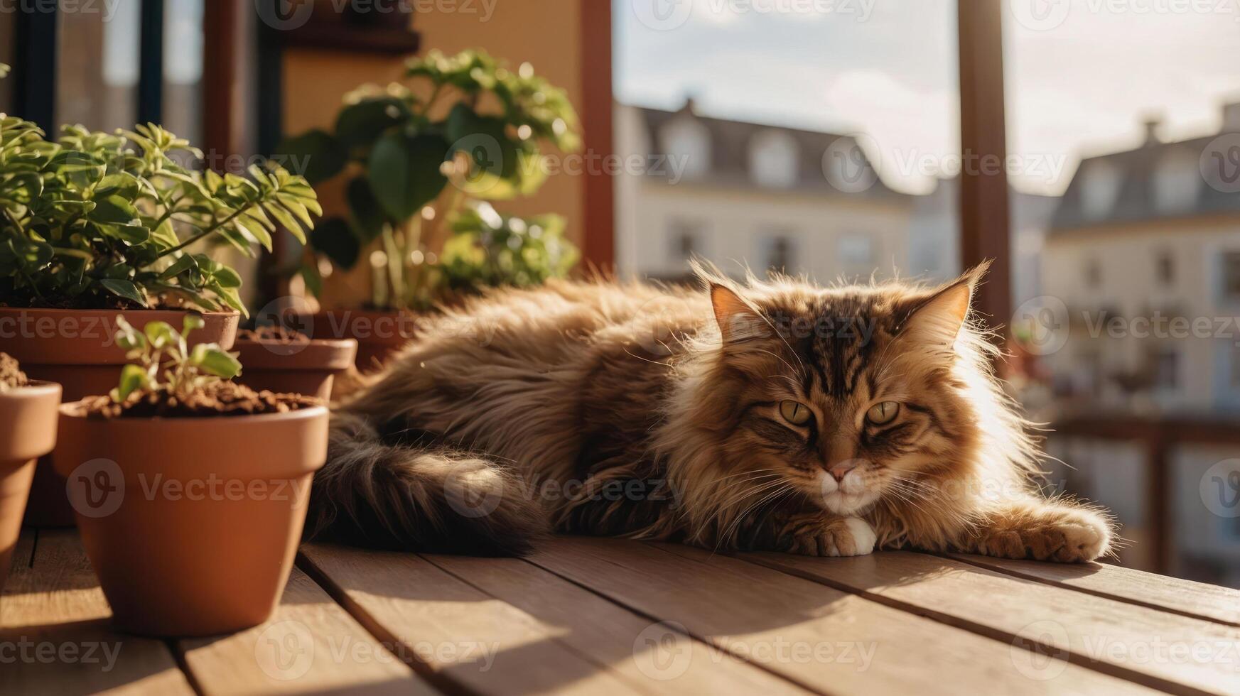 A cat lounging on a wooden table surrounded by potted plants in a sunlit setting. photo