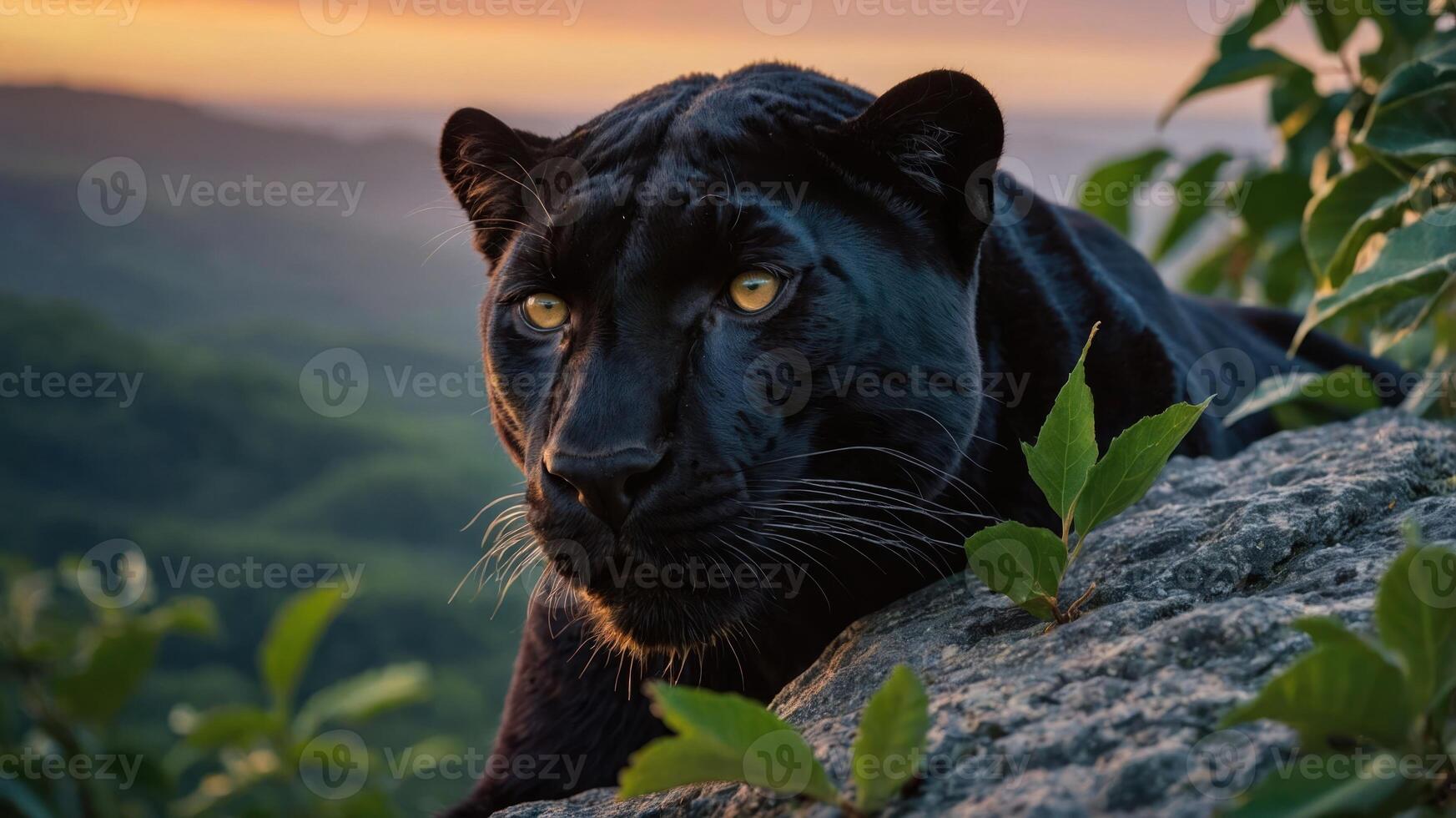 A black panther rests on a rock, surrounded by greenery at sunset. photo