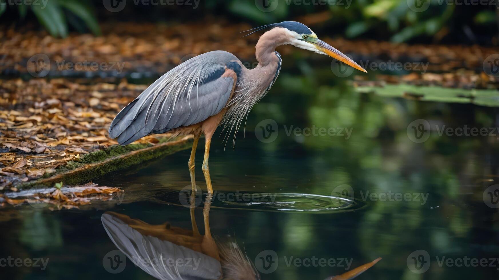 A heron stands by the water's edge, reflecting on the surface amidst a lush environment. photo