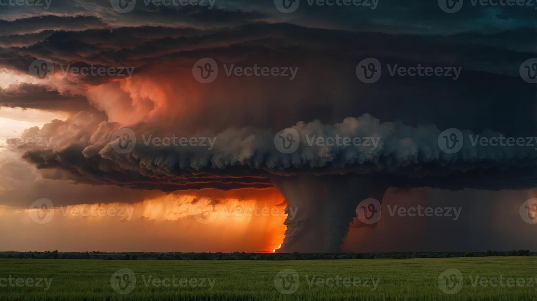 A dramatic thunderstorm with a swirling cloud formation and vibrant sunset colors. photo