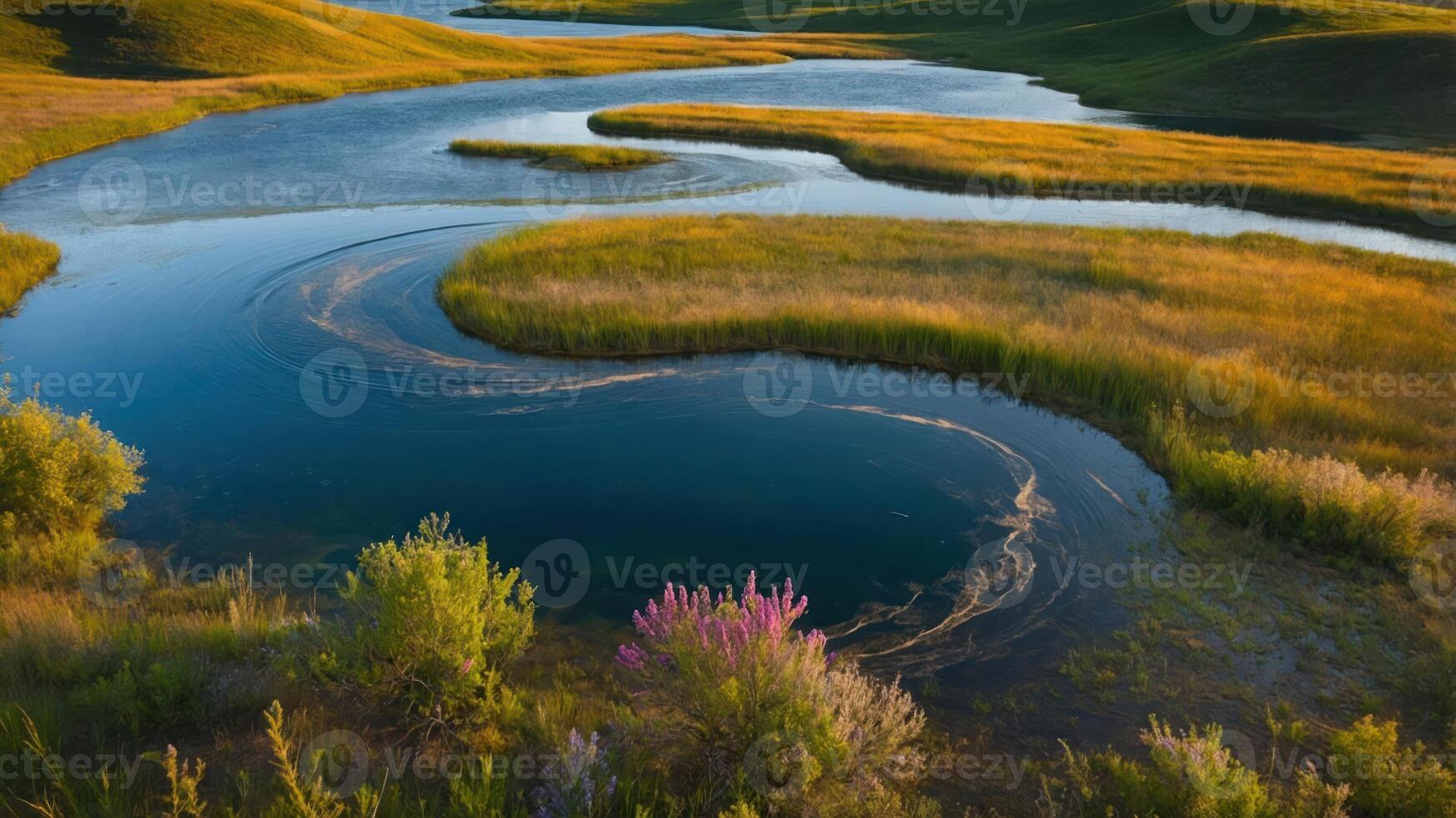 A serene river meanders through lush green fields, adorned with vibrant flowers under a clear sky. photo