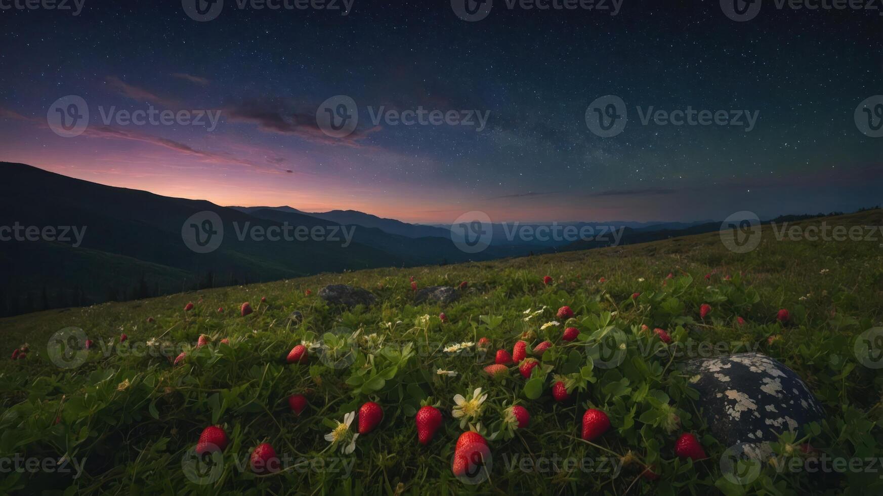 A serene landscape at dusk with strawberries in the foreground and mountains in the background. photo