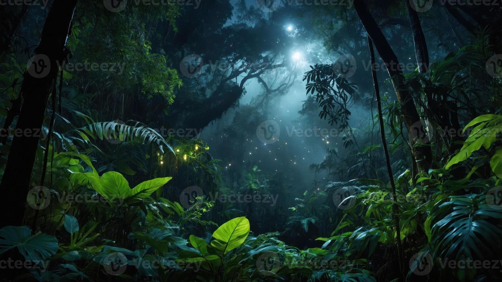 A serene nighttime jungle scene illuminated by moonlight and fireflies, evoking tranquility and mystery. photo