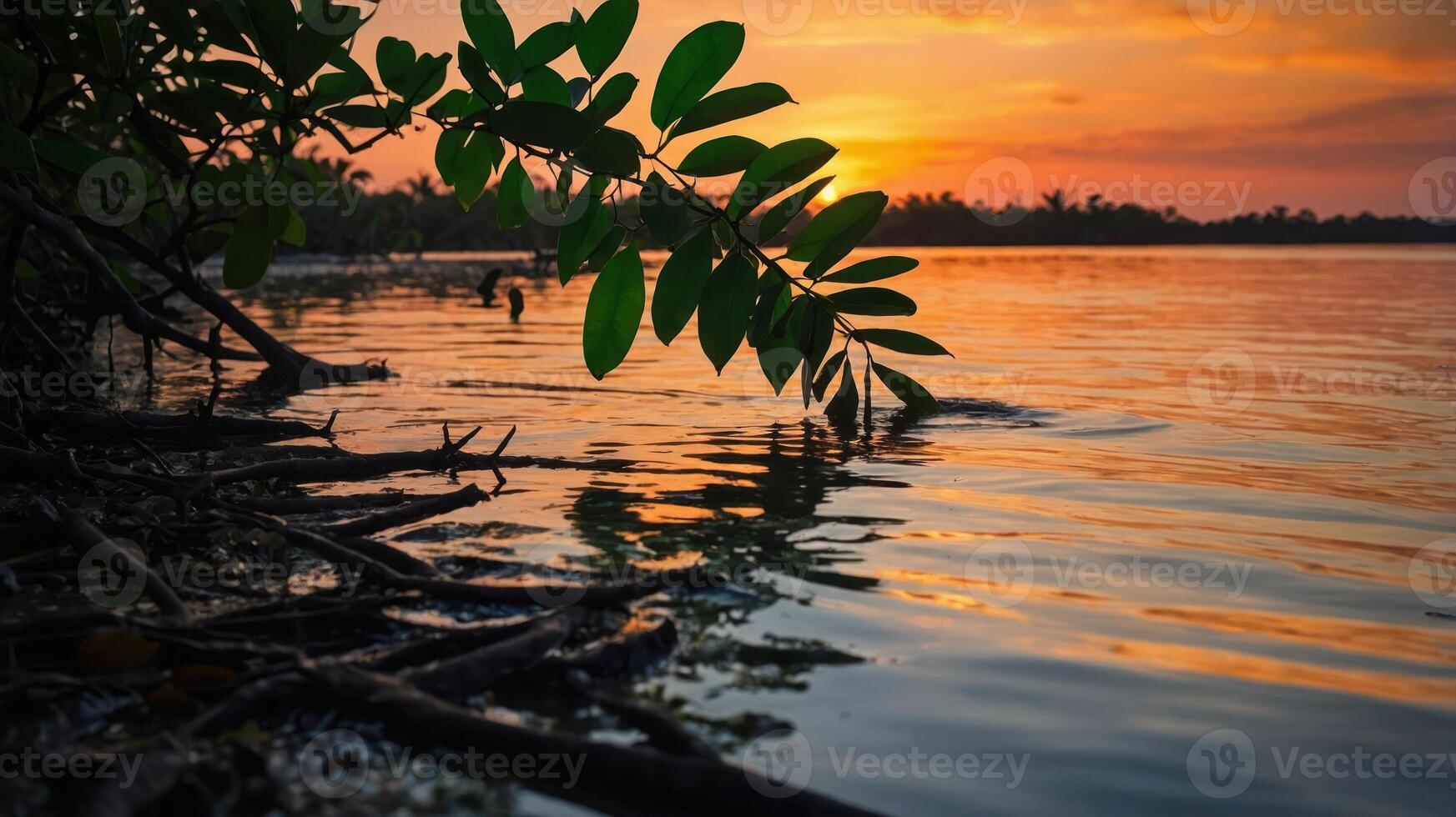 A serene sunset over water, framed by lush green leaves and mangrove roots, reflecting nature's beauty. photo