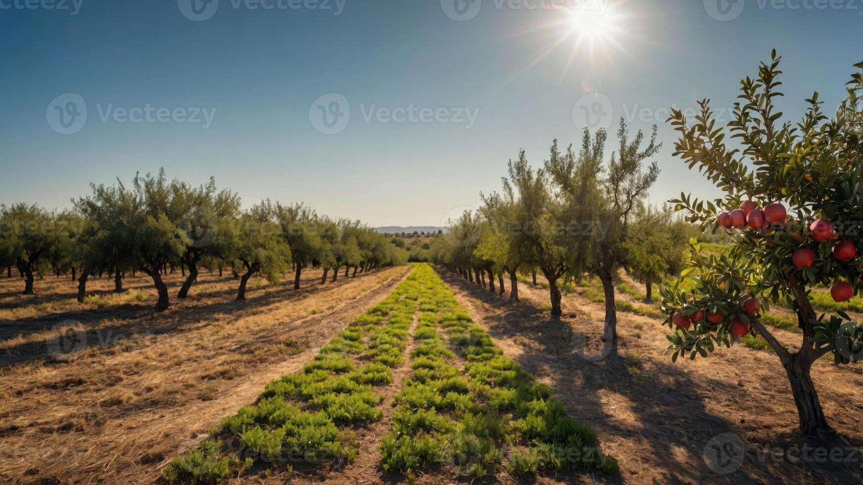 A sunlit orchard with rows of olive and pomegranate trees under a clear blue sky. photo