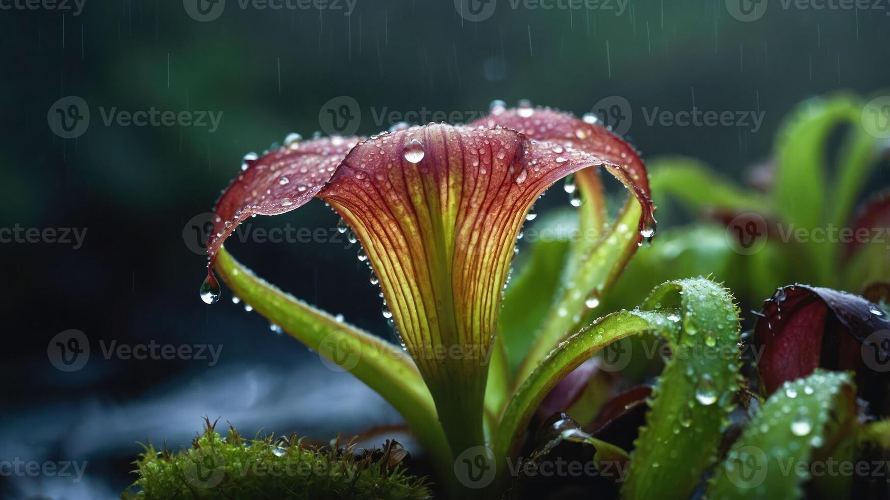 A close-up of a vibrant pitcher plant adorned with raindrops, showcasing its unique structure and beauty. photo