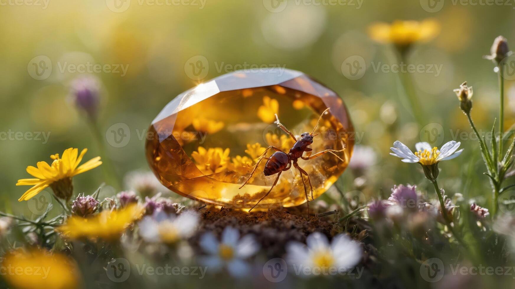 A beautiful amber gemstone with an ant inside, surrounded by vibrant wildflowers in a sunny field. photo