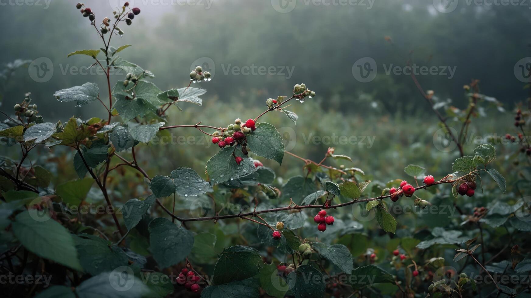 A close-up of a misty landscape featuring red berries and lush green leaves, evoking a serene natural atmosphere. photo