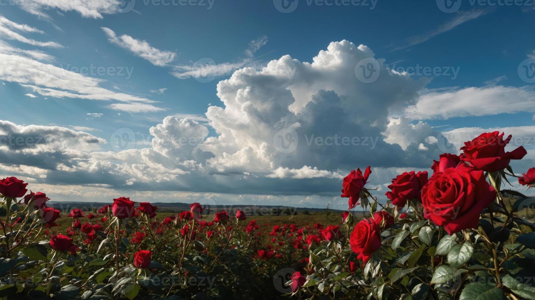 A vibrant field of red roses under a dramatic sky filled with clouds. photo