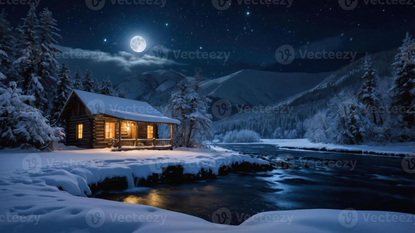 A serene winter night scene featuring a cozy cabin by a river, illuminated under a full moon. photo