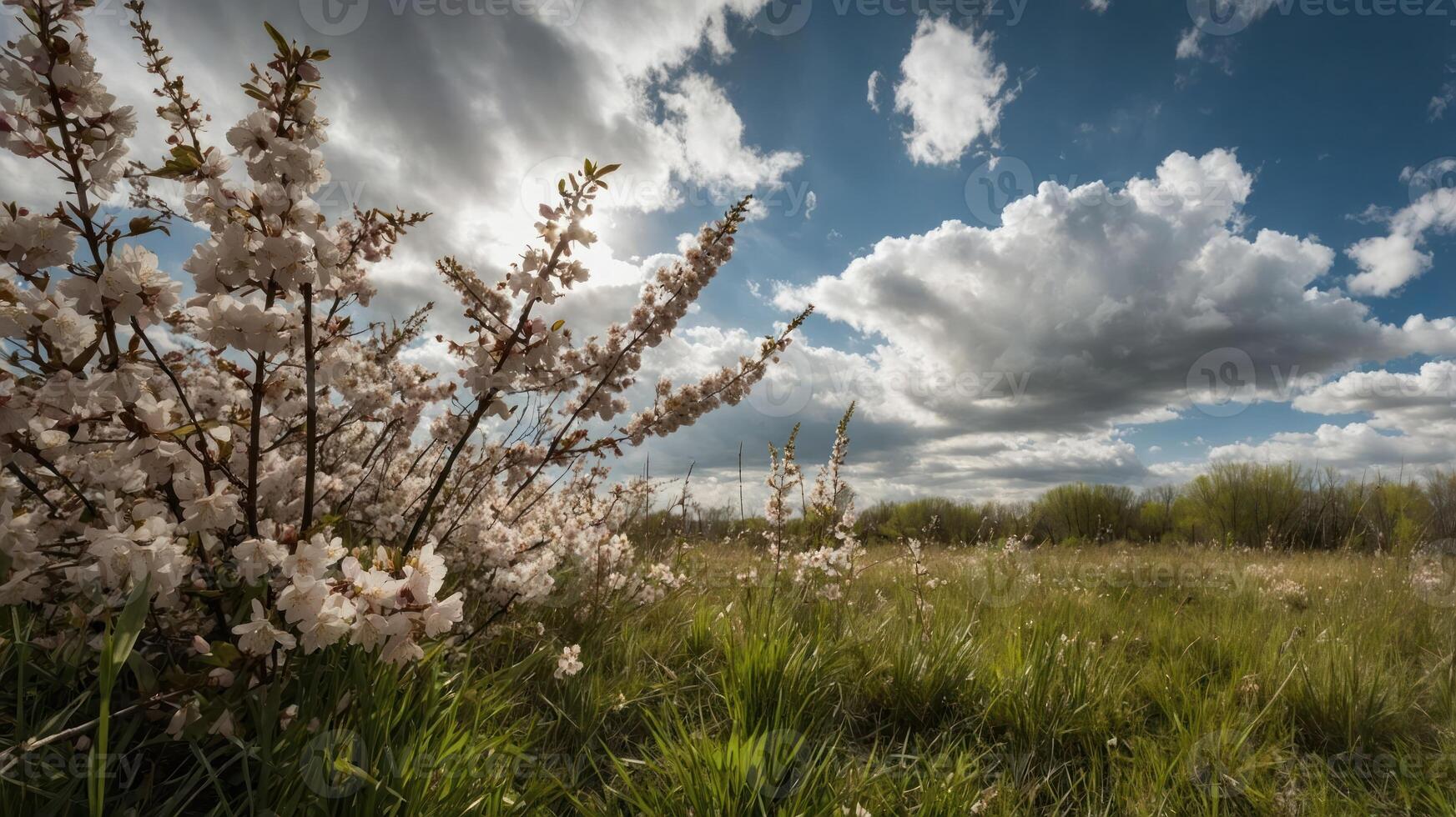 A serene landscape featuring blooming flowers under a dramatic sky with clouds. photo