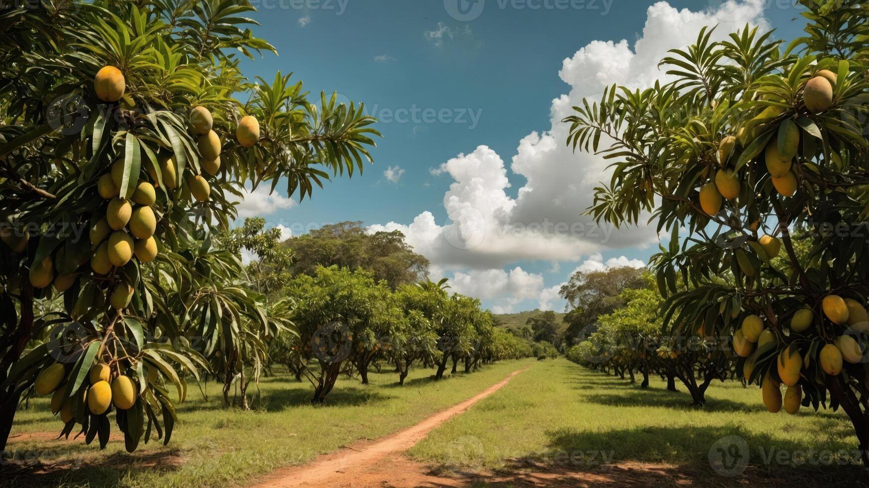 A serene orchard path lined with mango trees, showcasing ripe fruit against a blue sky. photo