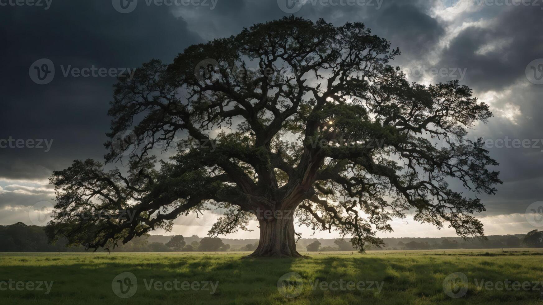 A majestic tree stands in a field under a dramatic sky, showcasing nature's beauty and tranquility. photo
