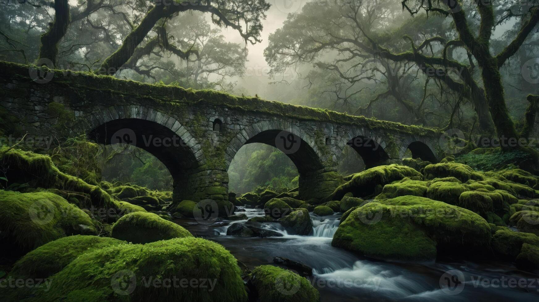 A serene stone bridge covered in moss, surrounded by lush greenery and flowing water in a misty forest. photo