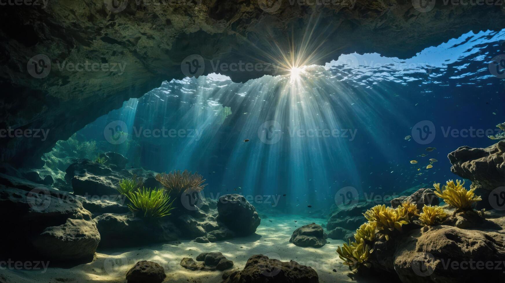 A serene underwater scene with sunlight filtering through, illuminating rocks and aquatic plants. photo