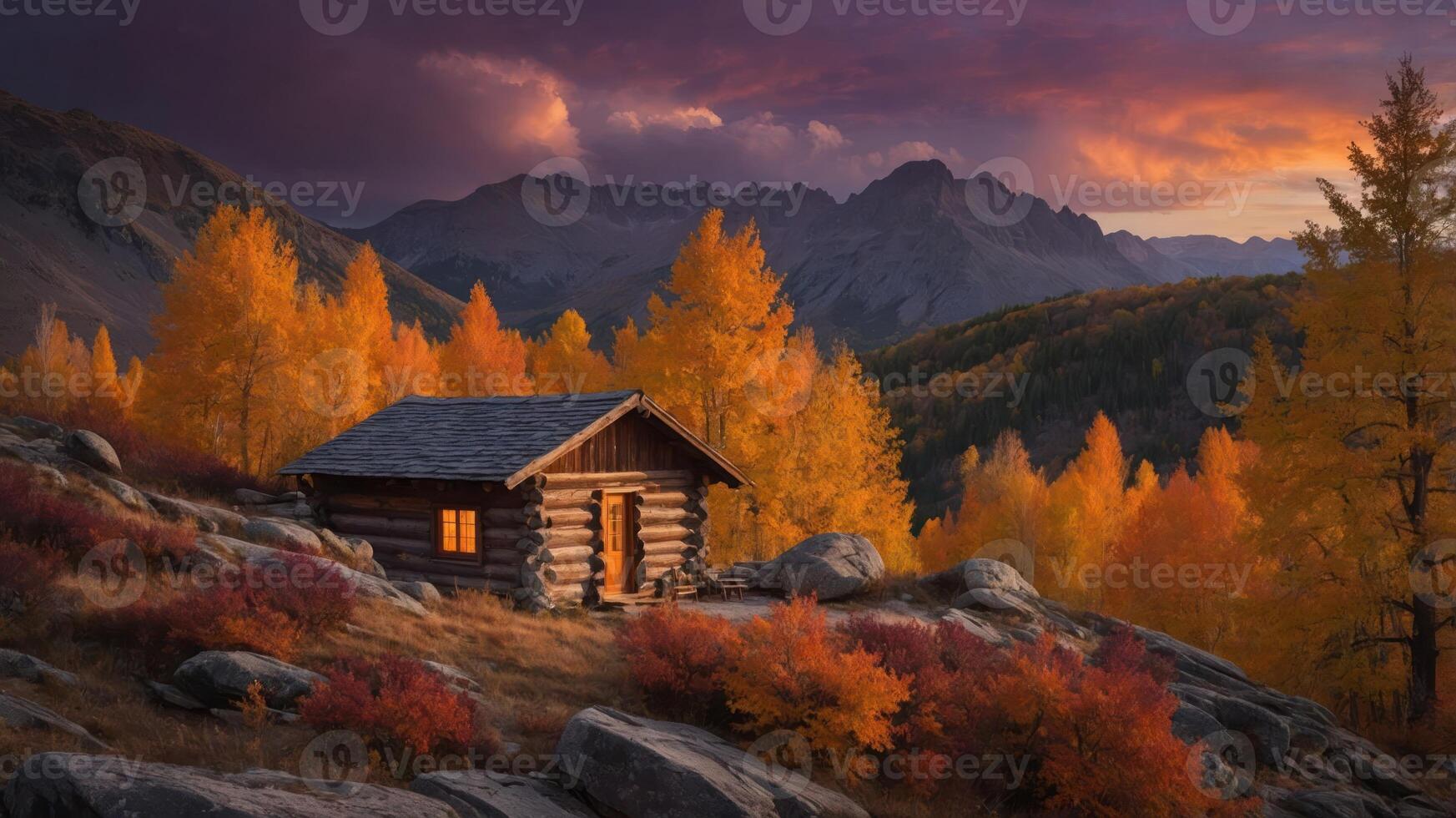 A cozy cabin surrounded by vibrant autumn foliage and mountains at sunset, evoking tranquility and nature's beauty. photo
