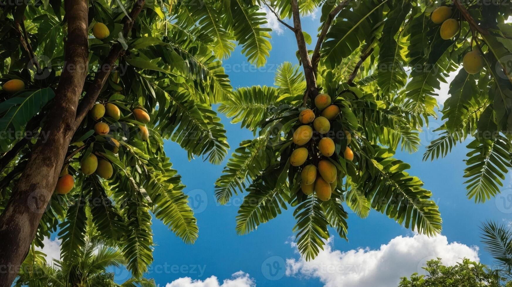 A vibrant view of mango trees with ripe fruits under a clear blue sky. photo