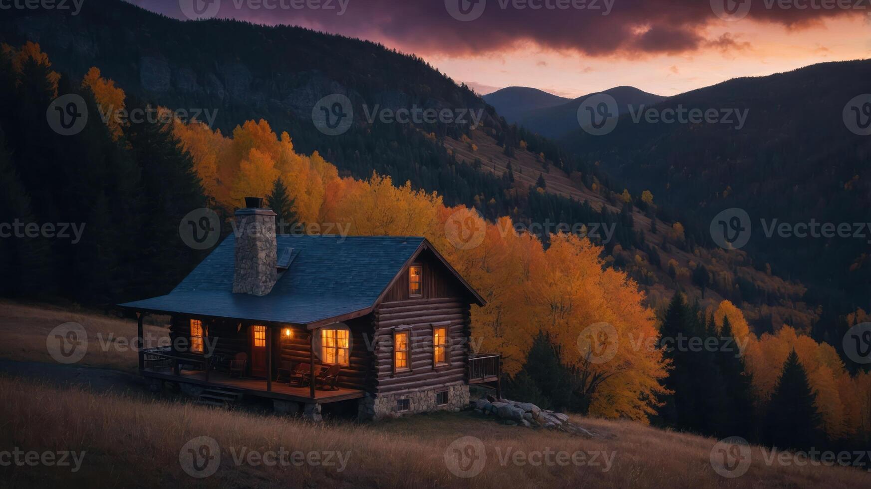 A cozy cabin nestled in a vibrant autumn landscape, illuminated by warm light at dusk. photo