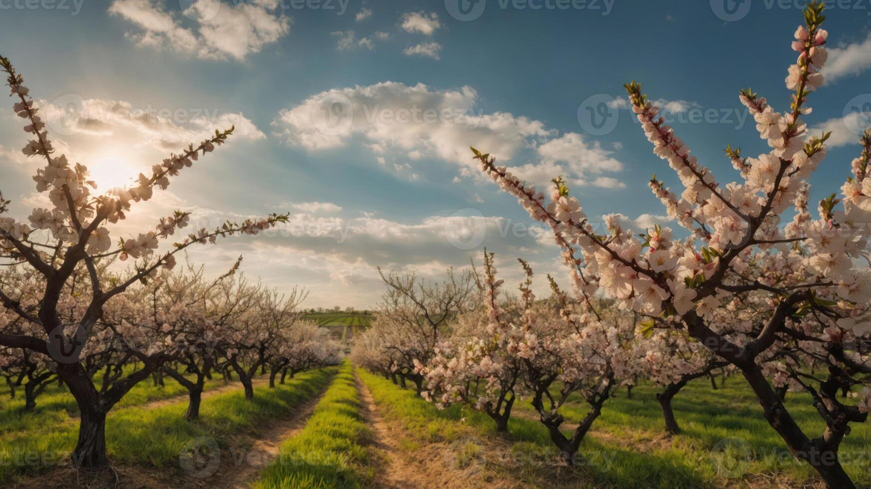 A serene orchard in bloom, showcasing vibrant cherry blossoms under a blue sky. photo