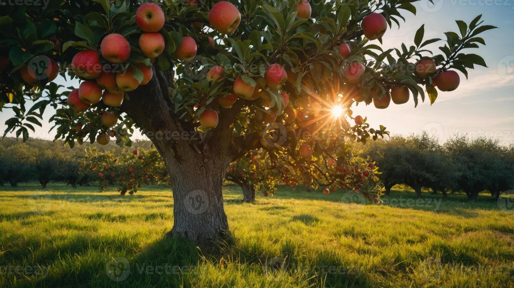 A vibrant apple tree with ripe fruit in a sunlit orchard, surrounded by lush green grass and trees. photo