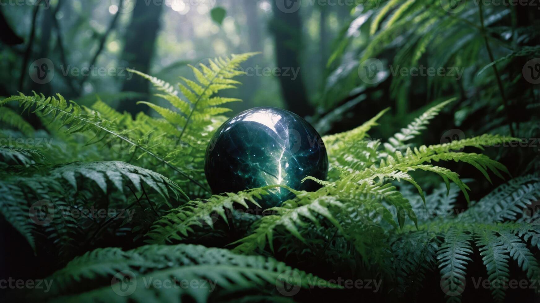 A mystical orb surrounded by lush ferns in a serene forest setting. photo