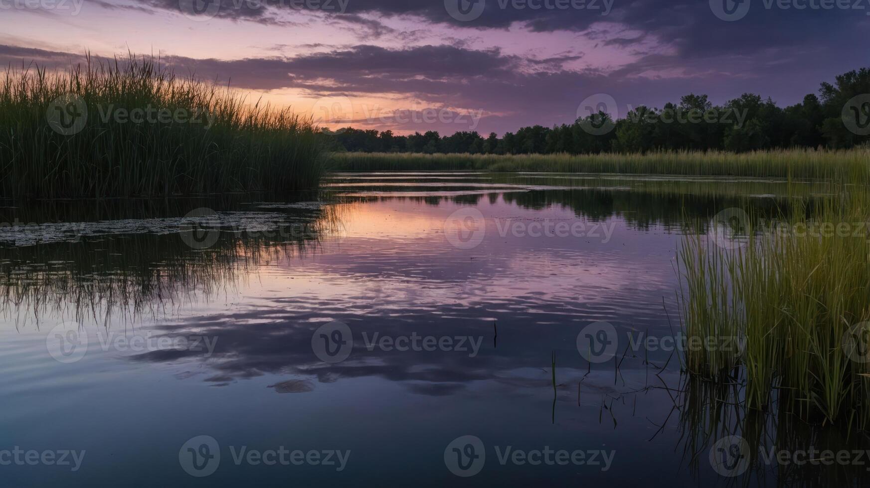 A serene sunset over a calm water body surrounded by lush greenery and tall grasses. photo