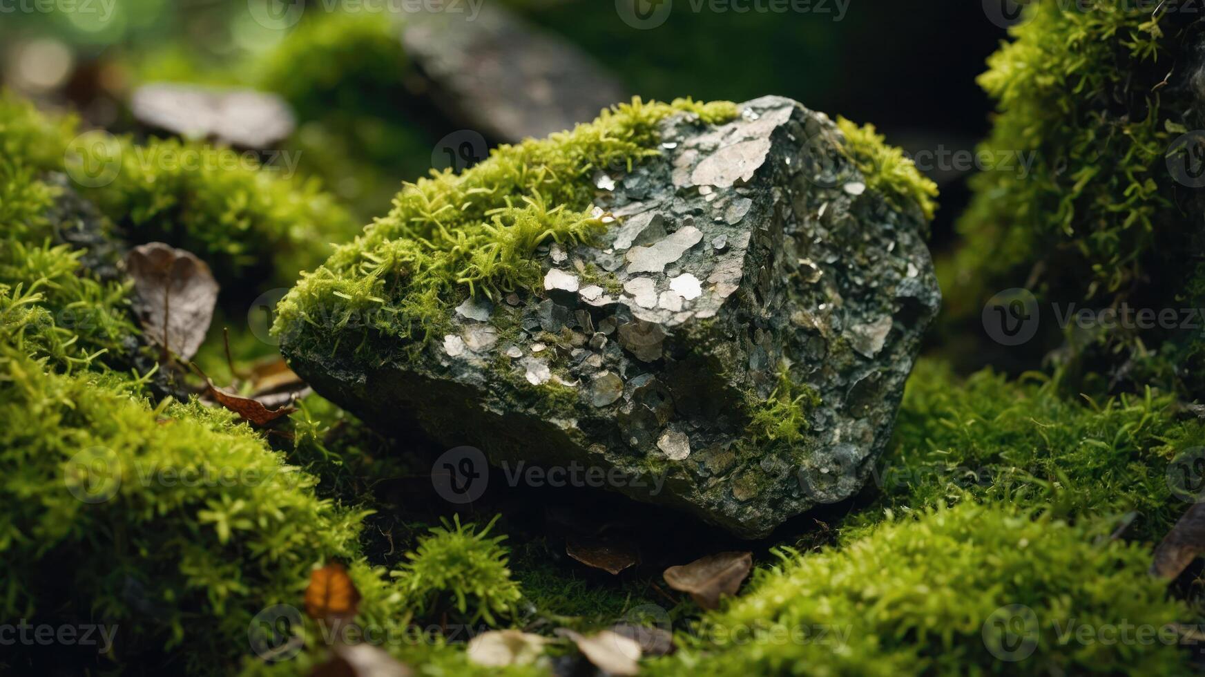 A moss-covered rock sits among lush greenery in a serene forest setting. photo