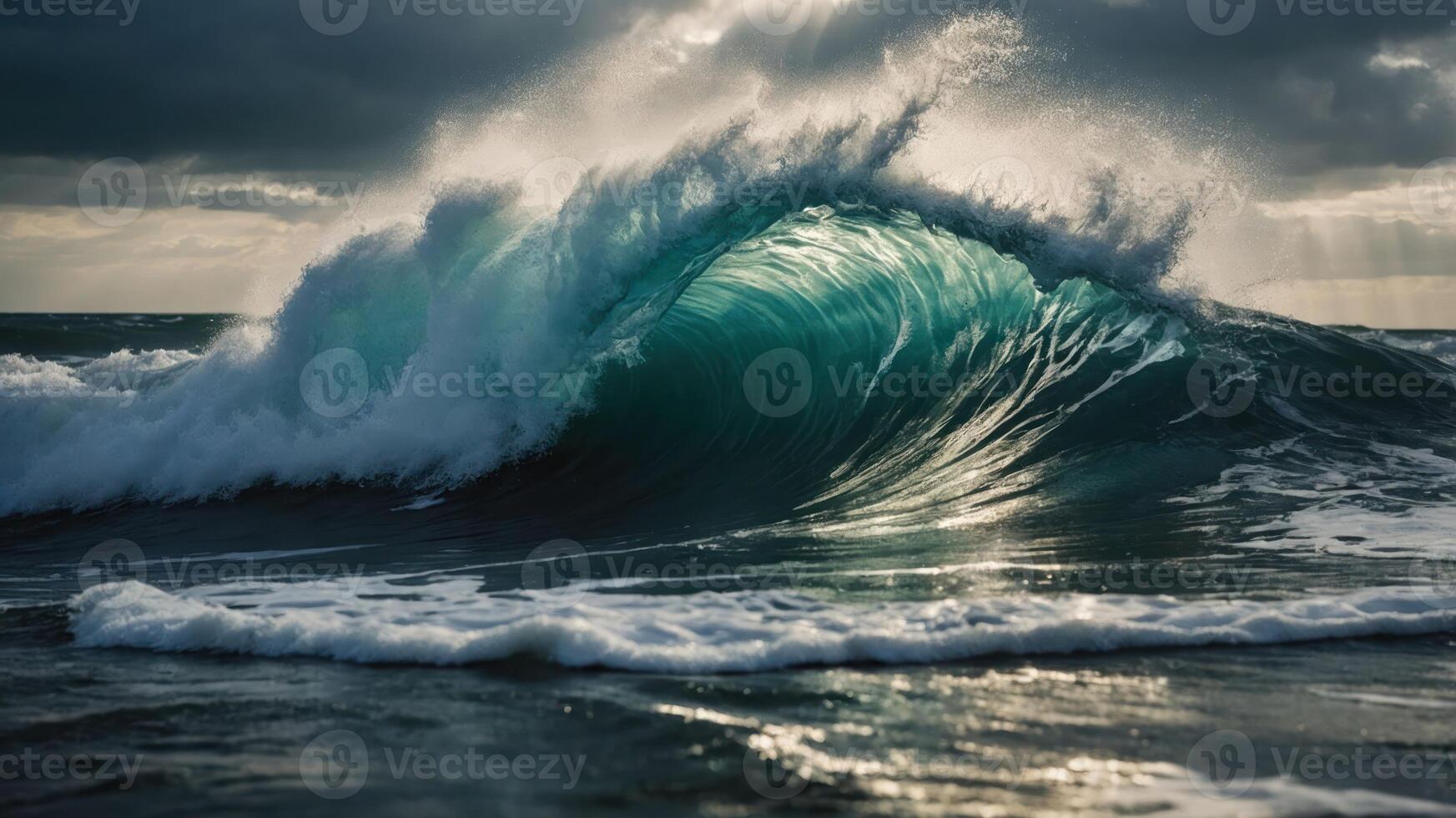 A powerful ocean wave crashing against the shore, illuminated by sunlight breaking through the clouds. photo