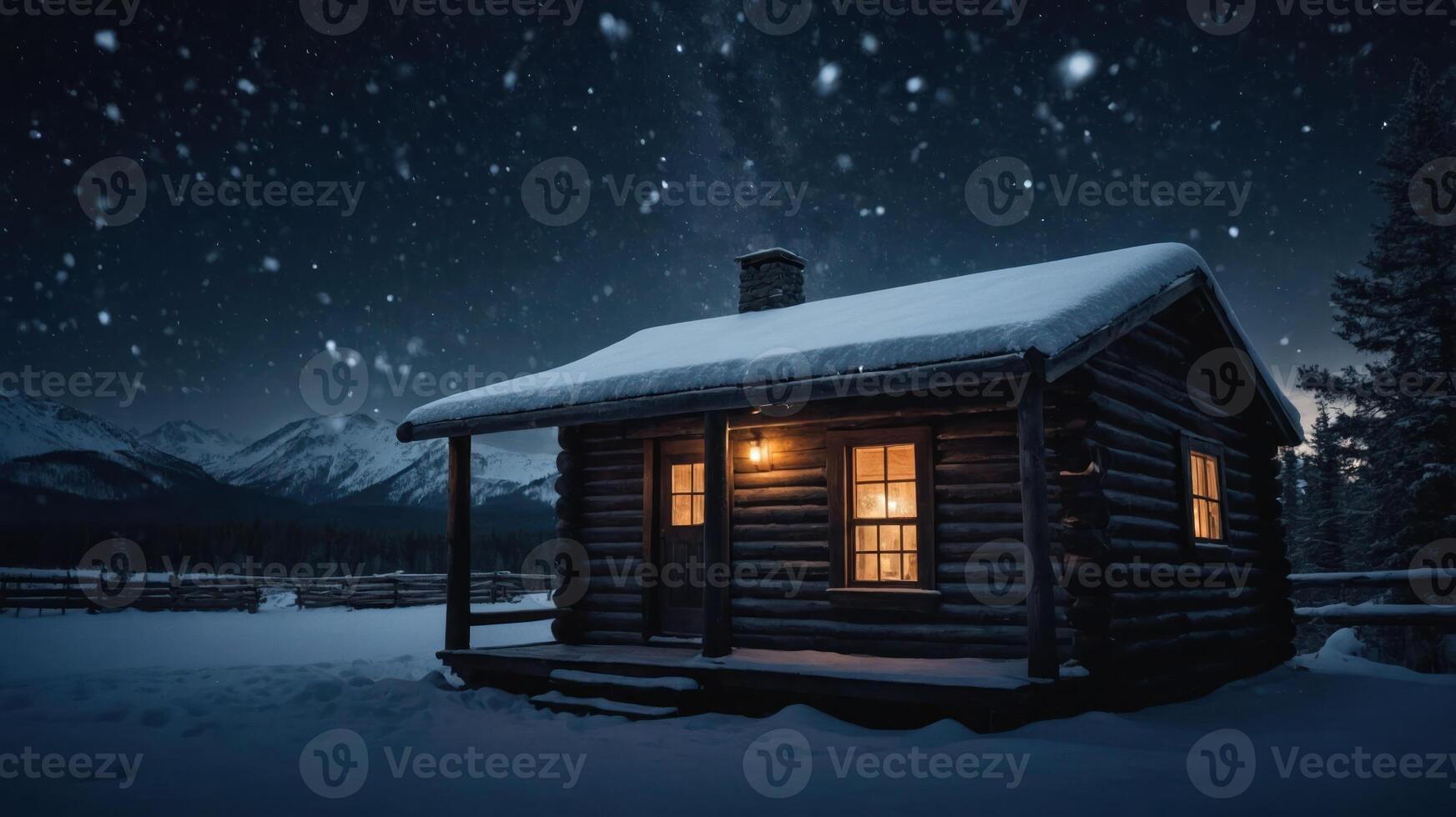 A cozy log cabin illuminated at night, surrounded by snow and mountains under a starry sky. photo