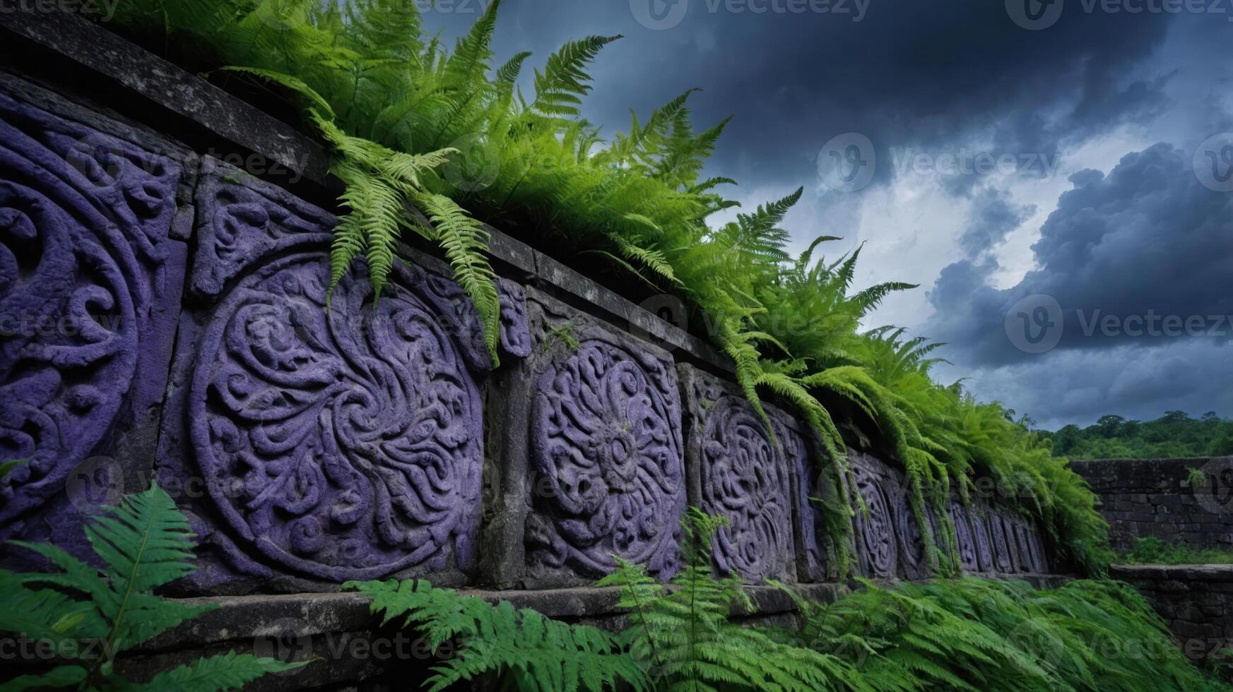 A vibrant wall adorned with intricate carvings, surrounded by lush ferns under a dramatic sky. photo