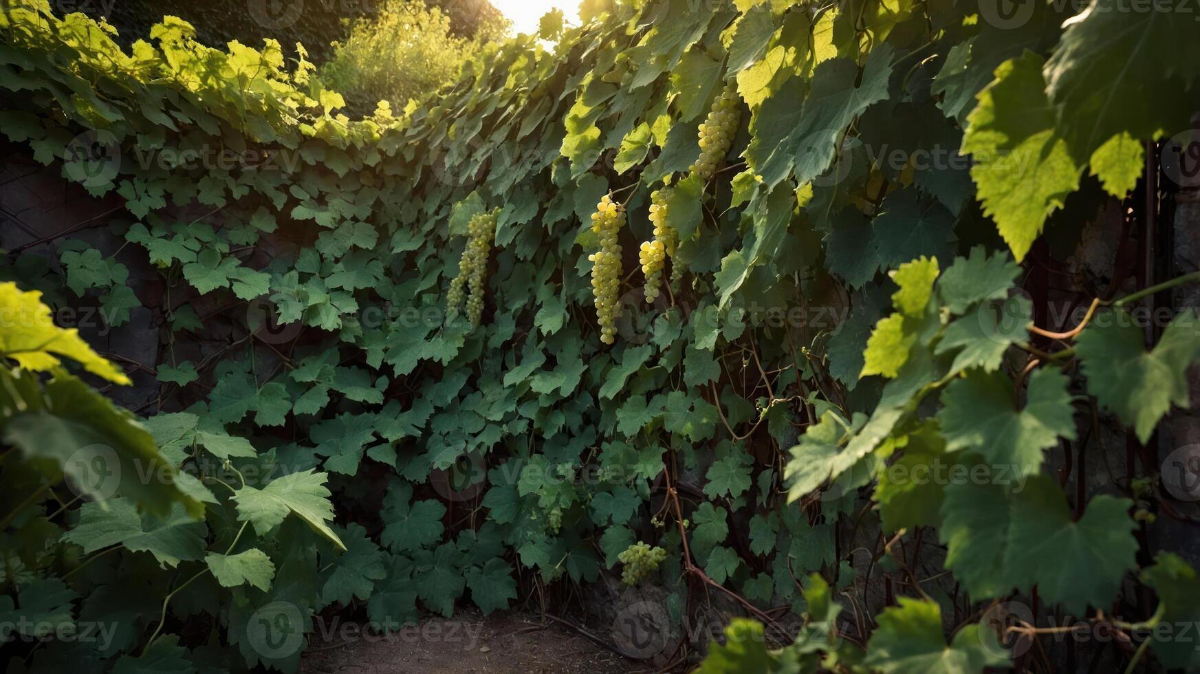 Lush green grapevines entwine in a serene garden, capturing the essence of nature's bounty. photo