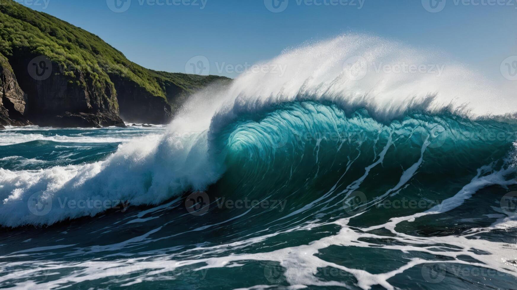 A vibrant ocean wave crashing against the shore, showcasing the beauty of nature. photo
