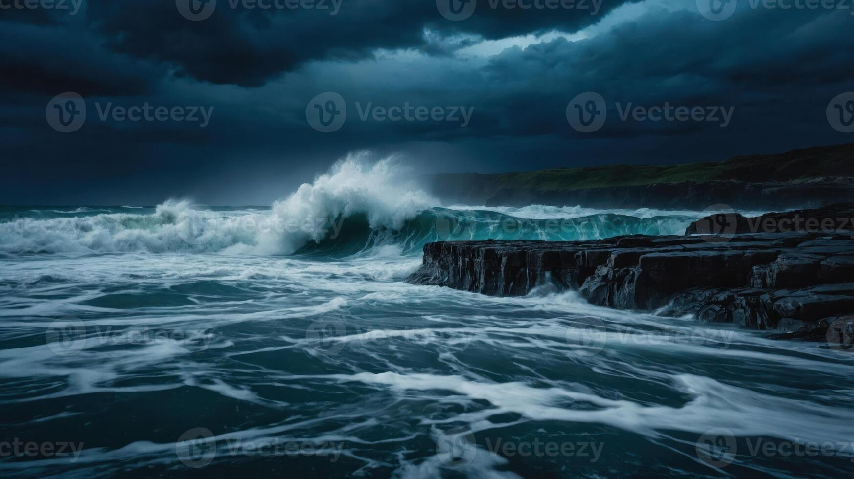 Stormy sea waves crashing on rocks at night photo