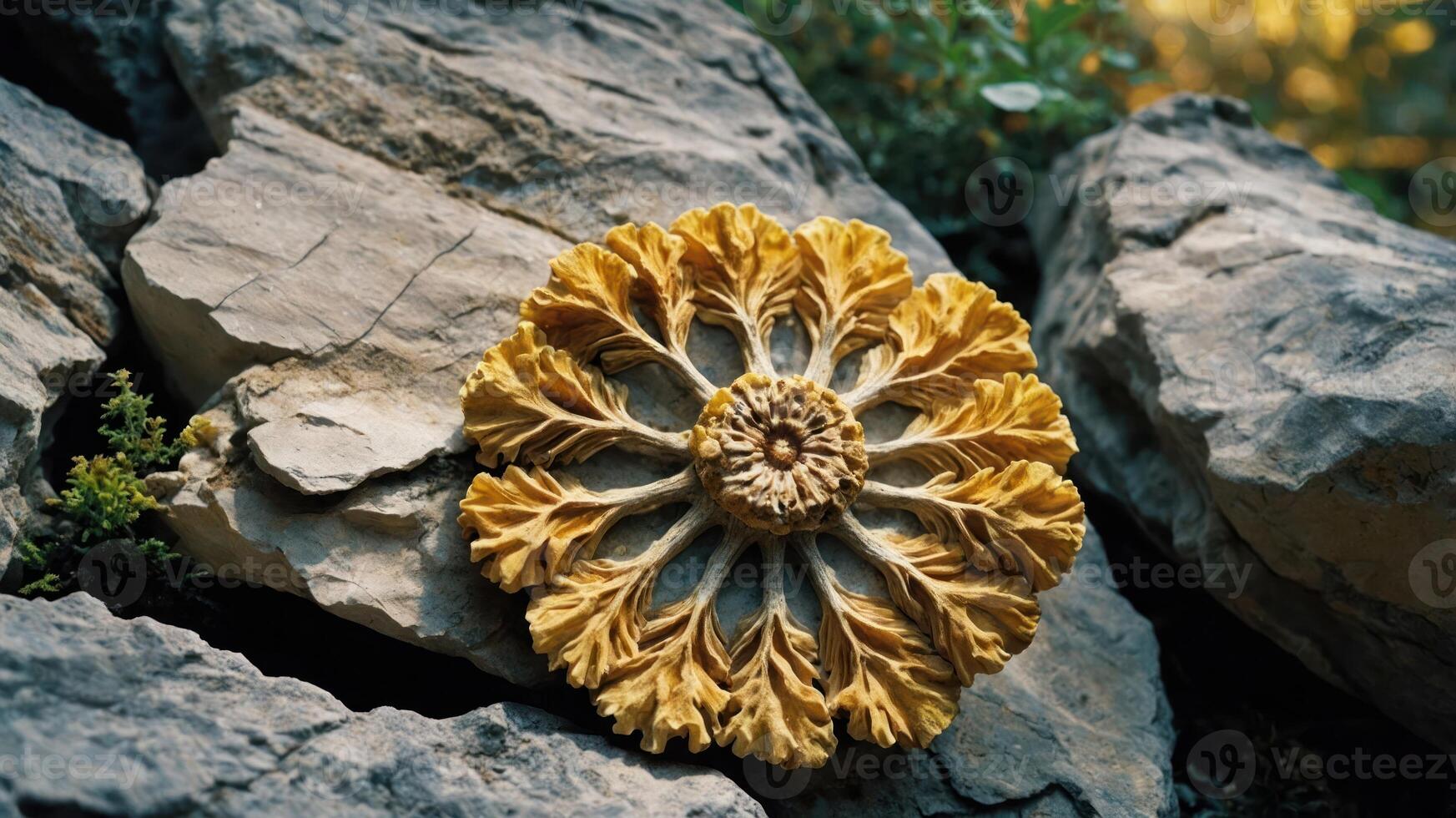 A decorative yellow flower motif resting on textured rocks in a natural setting. photo