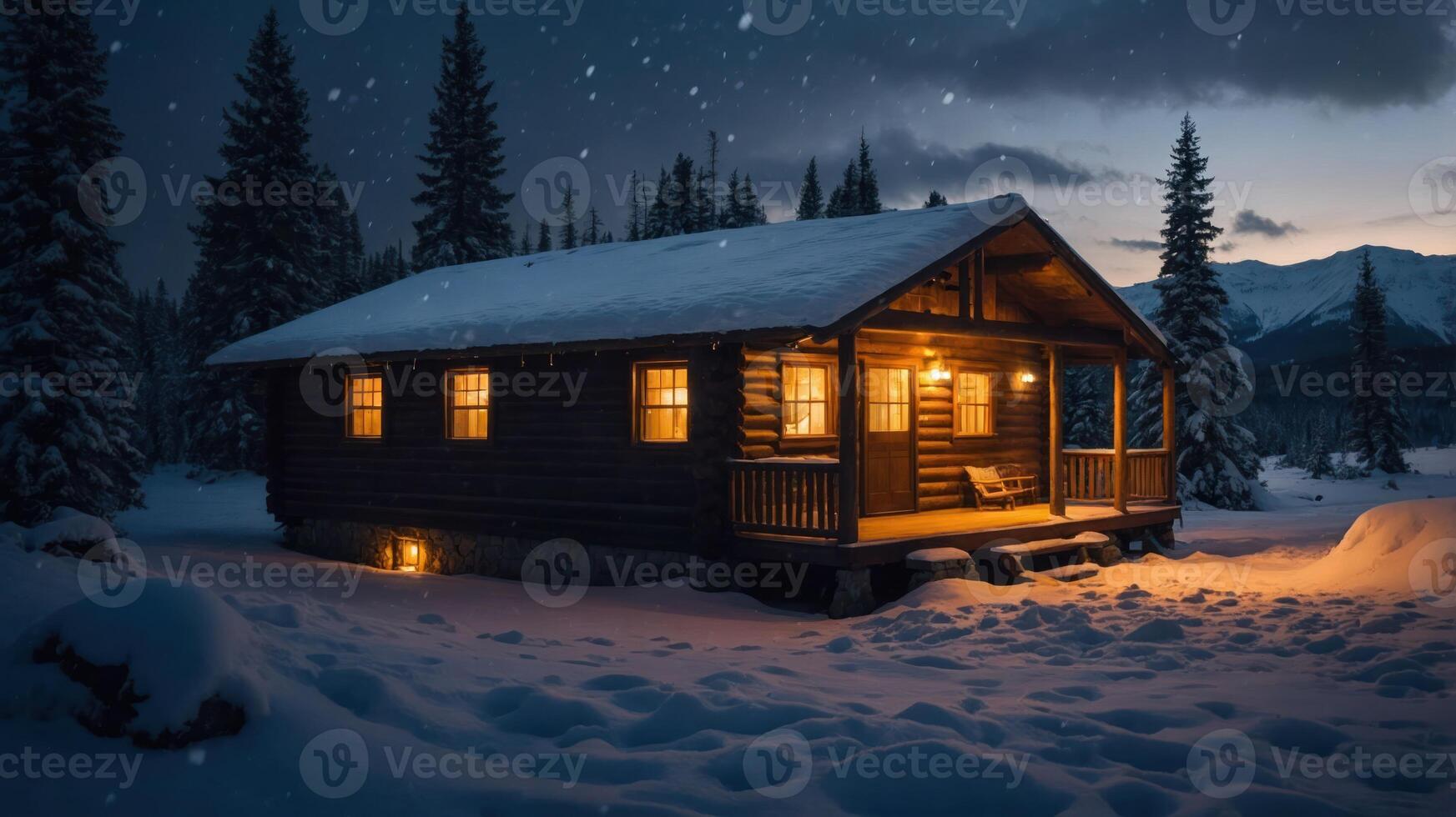 A cozy cabin illuminated in a snowy landscape at dusk, creating a warm, inviting atmosphere. photo