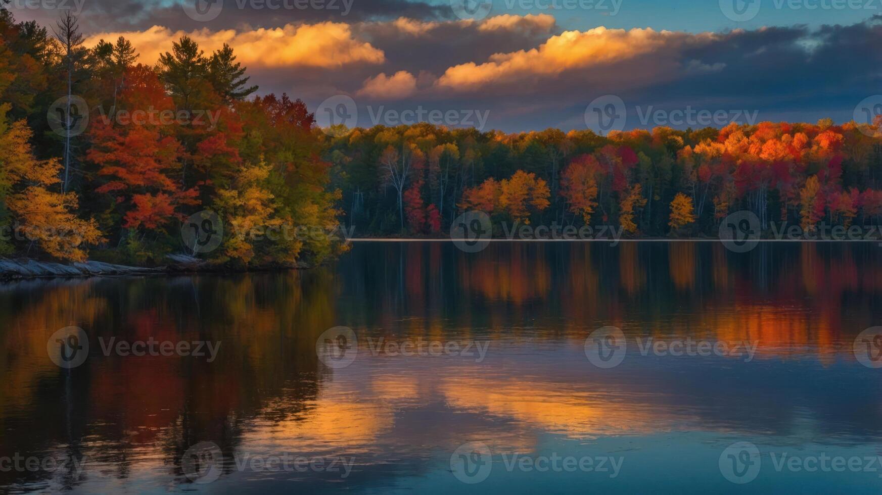 A serene autumn landscape reflecting vibrant foliage on a calm lake under a colorful sky. photo