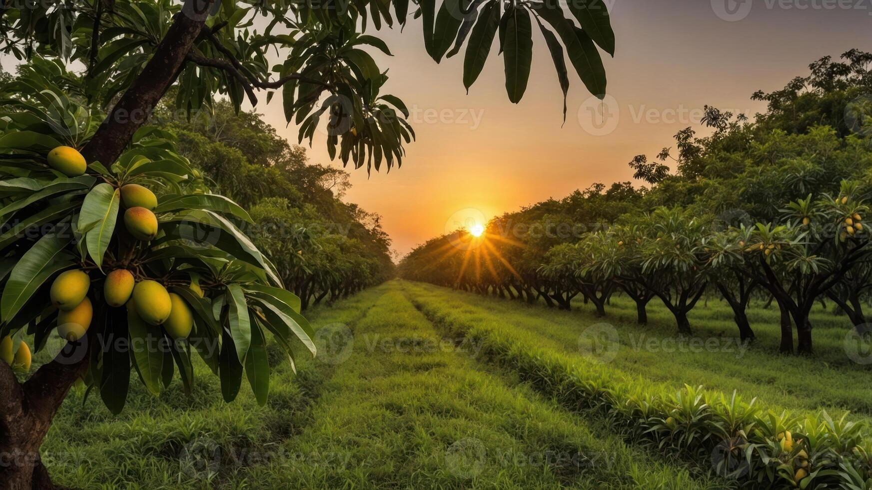 A serene sunset over a lush mango orchard, highlighting nature's beauty and agricultural bounty. photo