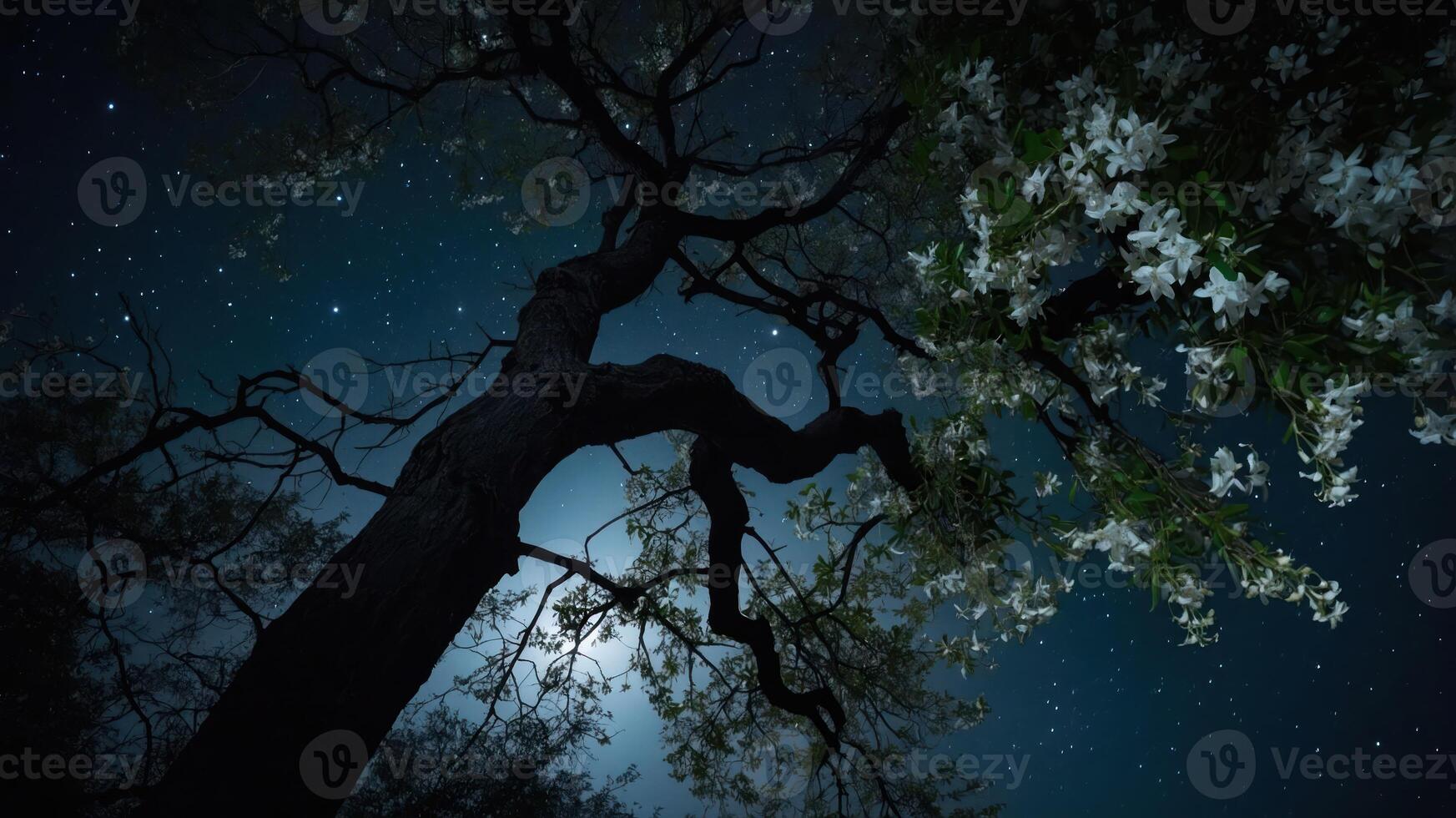 A serene night scene featuring a silhouetted tree and blooming flowers under a starry sky. photo