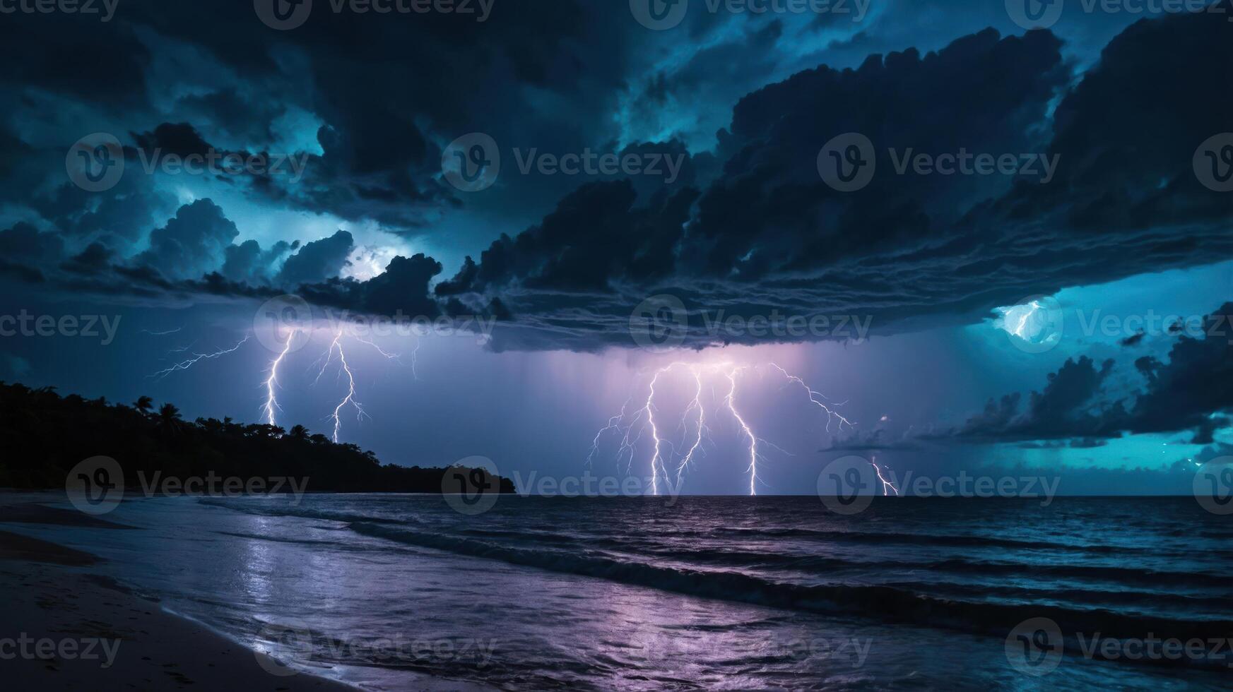 A dramatic lightning storm over the ocean, illuminating dark clouds and creating a captivating scene. photo